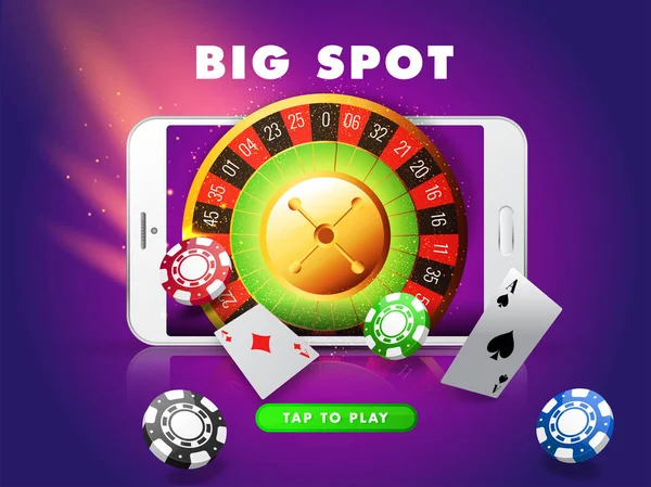 Ranura grande en teléfono inteligente con rueda de ruleta, fichas de casino y pla — Archivo Imágenes Vectoriales