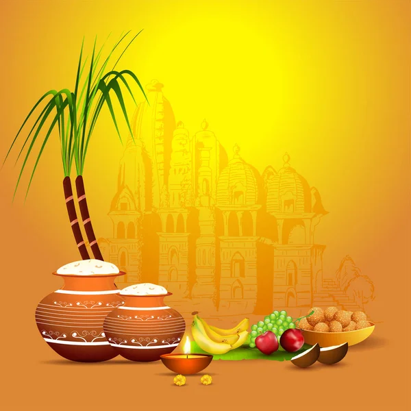 Ilustración de la olla de barro de arroz con caña de azúcar, fruta, iluminado — Vector de stock