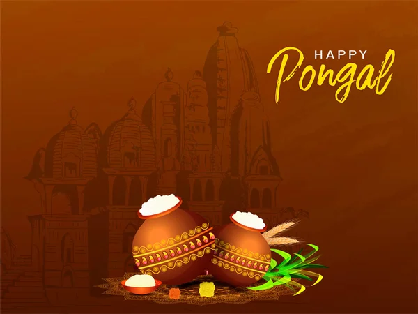 Happy Pongal ευχετήρια κάρτα σχεδιασμού με δοχείο λάσπη γεμάτη pongali r — Διανυσματικό Αρχείο