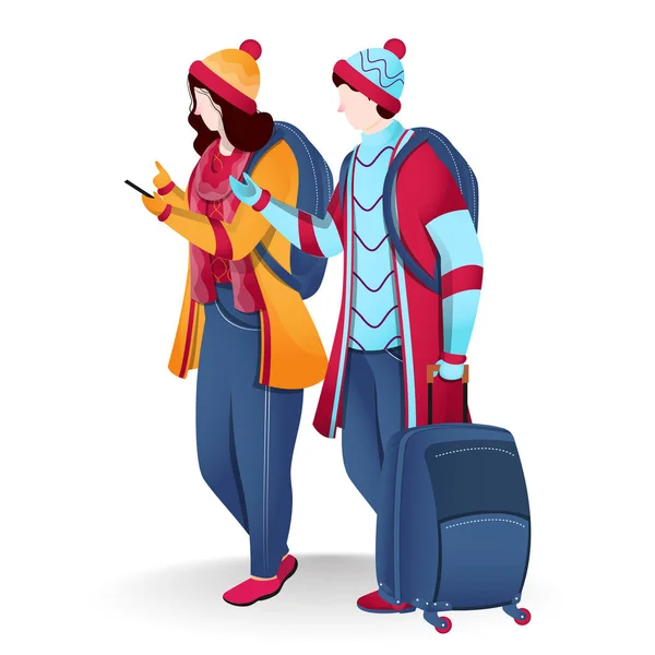 Touristenmann bespricht sich mit Frau telefonisch mit Gepäcktasche — Stockvektor