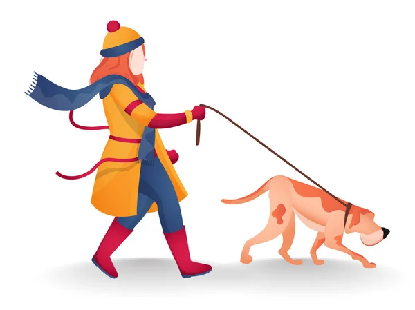 Młoda kobieta nosi wełniane ubrania i trzyma smycz psa na spacerze — Wektor stockowy