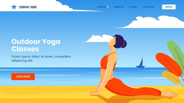 Landing page design with young girl doing exercise in bhujangasa — 图库矢量图片