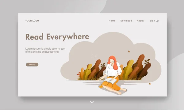 Landing Page Design oder Webbanner Design mit jungen Mädchen beim Lesen — Stockvektor