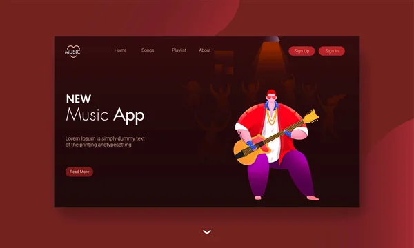 Nova música App design de landing page com ilustração de cara playi —  Vetores de Stock