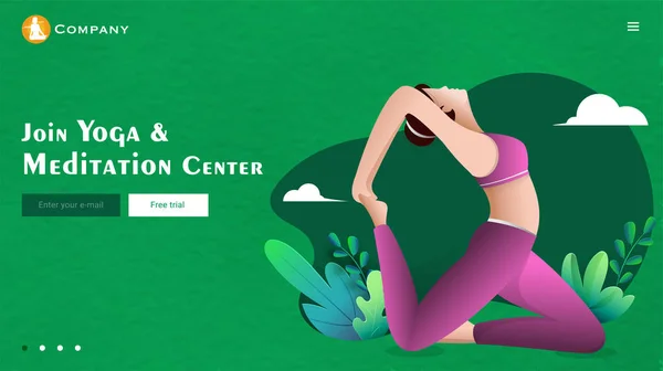 Rejoindre Yoga & Meditation Center conception de page d'atterrissage avec femme doi — Image vectorielle