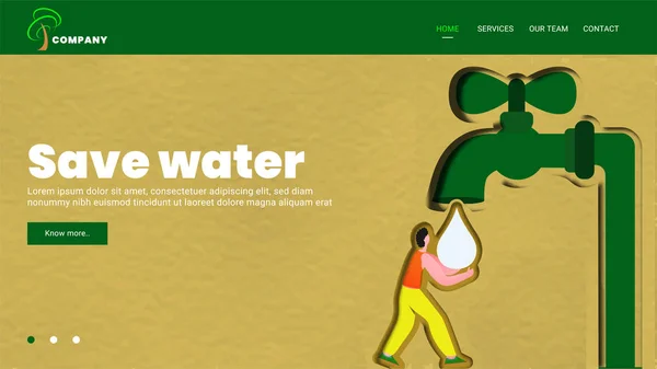 黄色の蛇口から水が落ちるのを守る男のイラスト — ストックベクタ