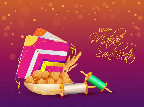 Kalligrafi av Happy Makar Sankranti med indisk söt (Laddu), — Stock vektor