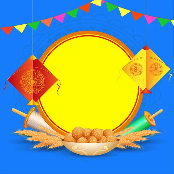 Happy Makar Sankranti greeting card design with hanging kite, st — Stock Vector