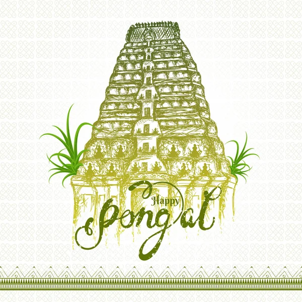 Texto de caligrafia Happy Pongal com esboço do templo de Meenakshi — Vetor de Stock