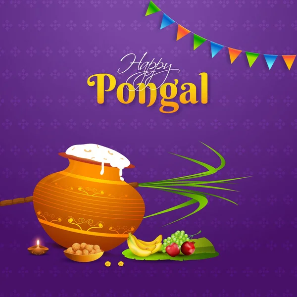 Diseño de la tarjeta de felicitación Happy Pongal con arroz pongali en maceta de barro , — Vector de stock