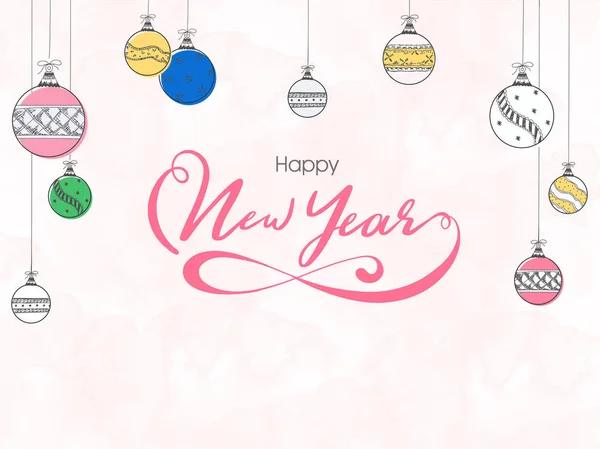 Kalligrafie van Happy New Year en lijn kunst stijl kerstballen hangen op — Stockvector