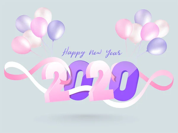 Texto en 3D 2020 decorado con cinta rosa y manojo de globos en gr — Vector de stock