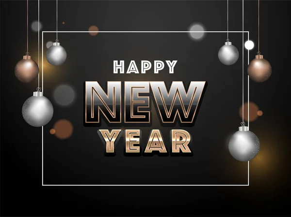Šťastný Nový rok text s visící ozdoby s efektem bokeh na bl — Stockový vektor