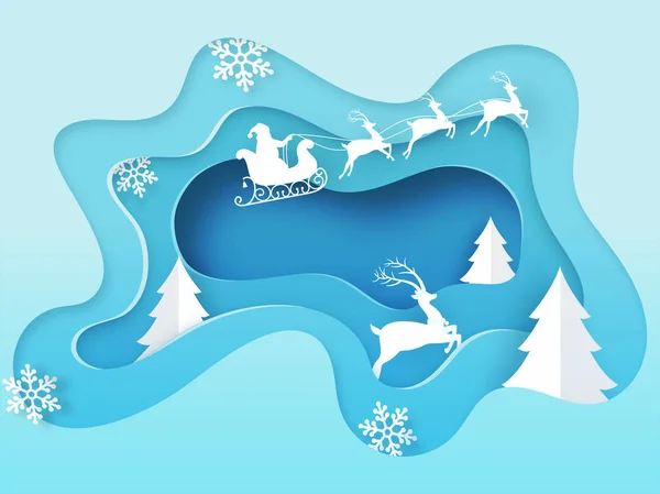 Noel Baba 'nın silueti Ren geyiği ve kar tanesiyle kızağa biniyor. — Stok Vektör