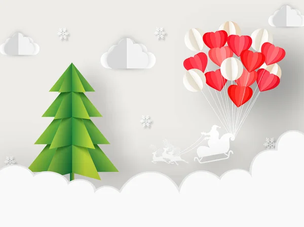 Papier gesneden stijl kerstboom, ballon bos en silhouet santa ri — Stockvector