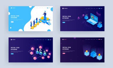 İlk madeni para teklif konsepti, iniş sayfası tasarımı seti, kötü