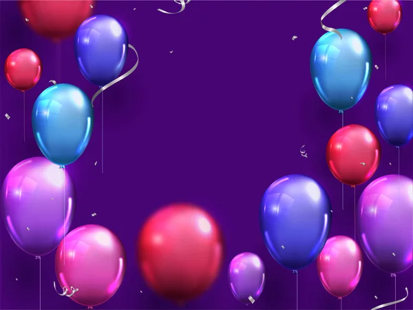 Colorful Glossy Balloons with Silver Confetti Ribbon Decorated o — ストックベクタ