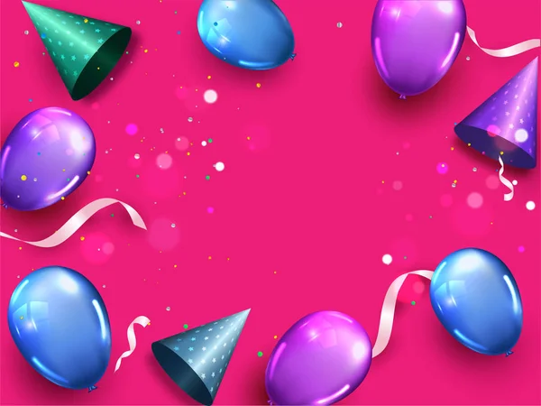 Balões brilhantes coloridos e chapéu de festa decorados no Pink Bokeh B — Vetor de Stock