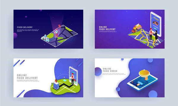 Conjunto de diseño de landing page responsivo con pedido de comida en línea o — Vector de stock