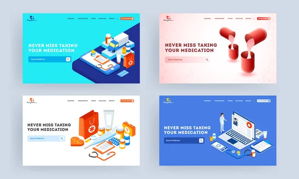 Set Landing Page Design mit Illustration von Smartphone, Laptop — Stockvektor