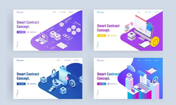 Smart Contract Concept alapú kezdőlap tervezés különböző — Stock Vector
