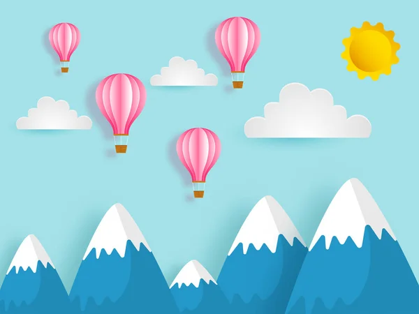 Estilo de corte de papel fondo paisaje con globo de aire caliente, nube — Vector de stock