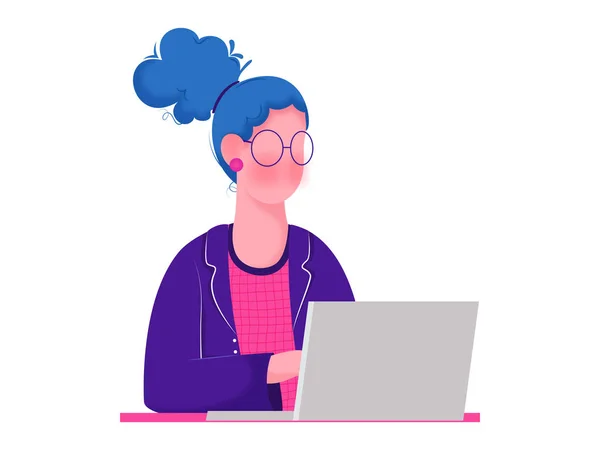 Donna personaggio di lavoro in computer portatile su sfondo bianco . — Vettoriale Stock