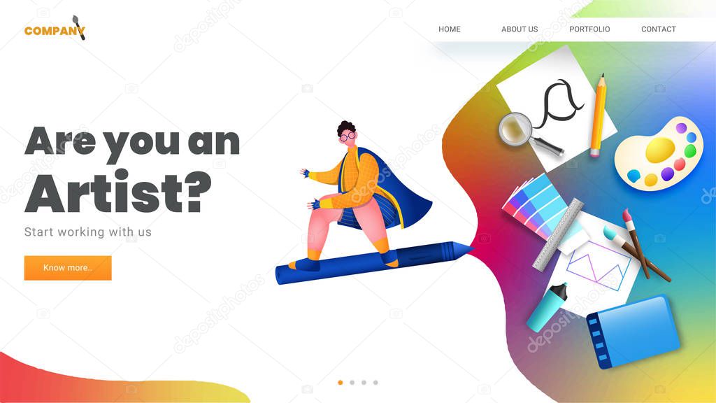 Landing Page or Web Template Design with Flying Man from Pen and
