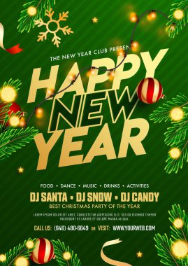 Baubles, Pine Leave ile Mutlu Yıllar Şablonu veya Flyer Design