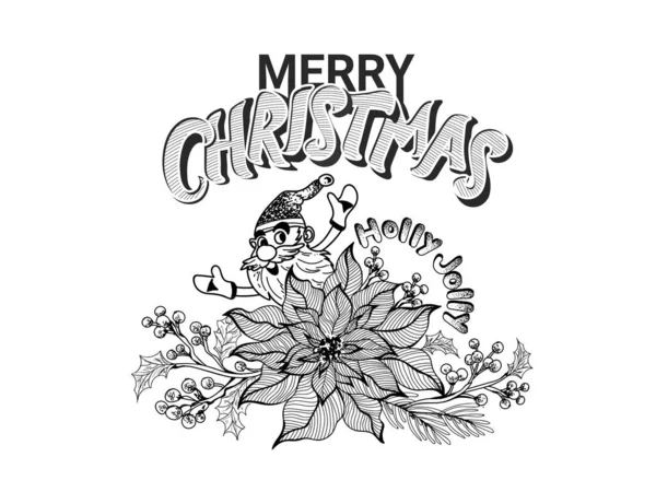 Doodle Style Cheerful Santa Claus with Poinsettia Flower, Xmas L