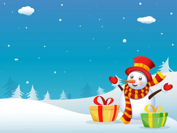 Boneco de neve usando chapéu, luvas, cachecol com caixas de presente e árvore de Natal — Vetor de Stock