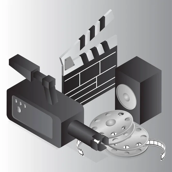 Realistyczna kamera wideo z głośnikiem, klapką i rolką filmową na gr — Wektor stockowy