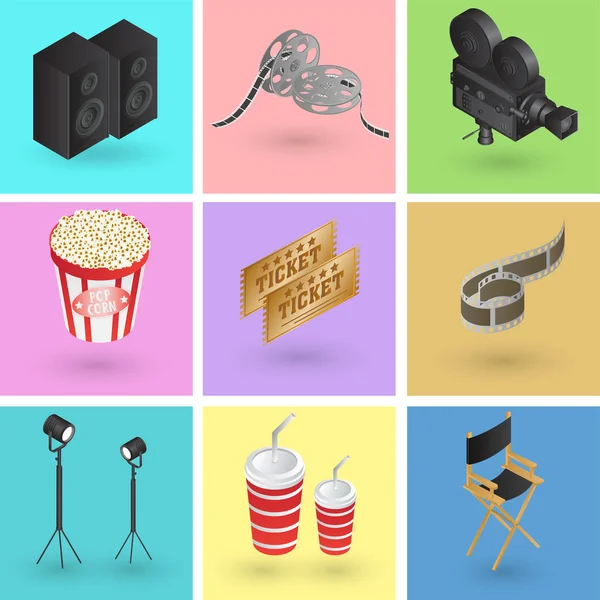 Insamling av färgglada bio eller film objekt i 3D-stil. — Stock vektor