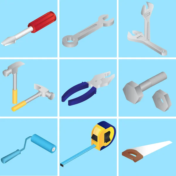 Colección de herramientas de reparación u objetos sobre fondo azul . — Vector de stock