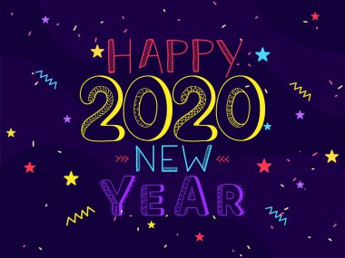 Renkli Mutlu Yıllar 2020 Satır Sanatı ve Konfeti ile Pu üzerine Metin