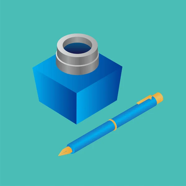 Realistische Inktfles met Pen in blauwe kleur. — Stockvector