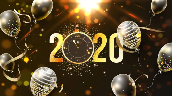 Golden Text 2020 med Wall Clock och ballonger dekorerade på brun — Stock vektor