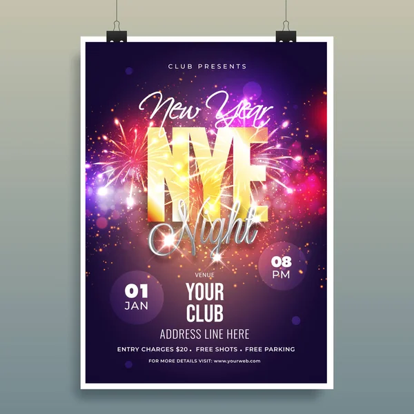NYE Night Party Flyer Design with Event Details on Fireworks Pur — Stock Vector
