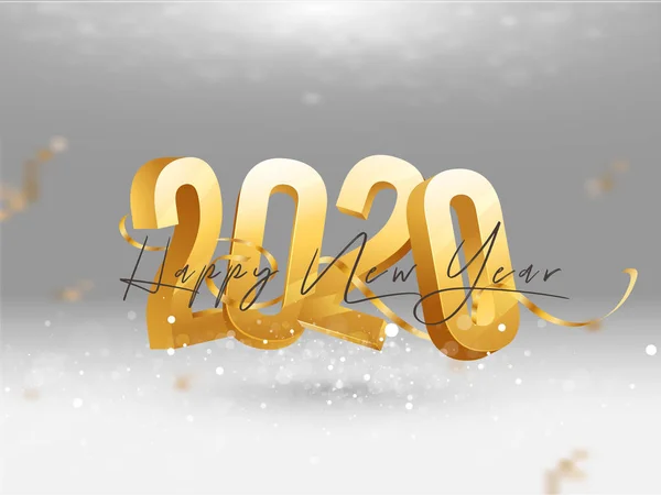 3d Golden 2020 Text s Confetti stuhou na šedém pozadí Bokeh — Stockový vektor