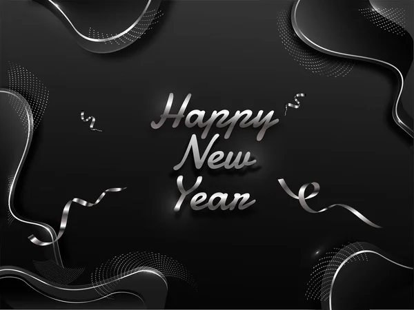 Zilver Gelukkig Nieuwjaar Tekst met Confetti lint op Black Fluid a — Stockvector