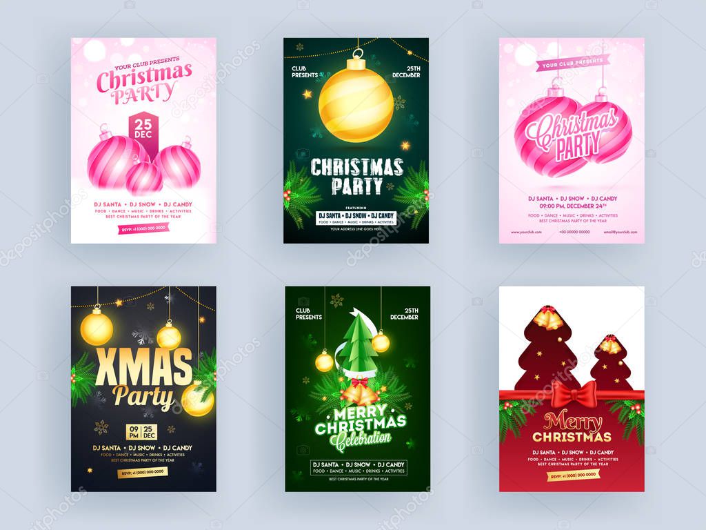 Merry Christmas Party Invitation or Flyer Design Set with Xmas F