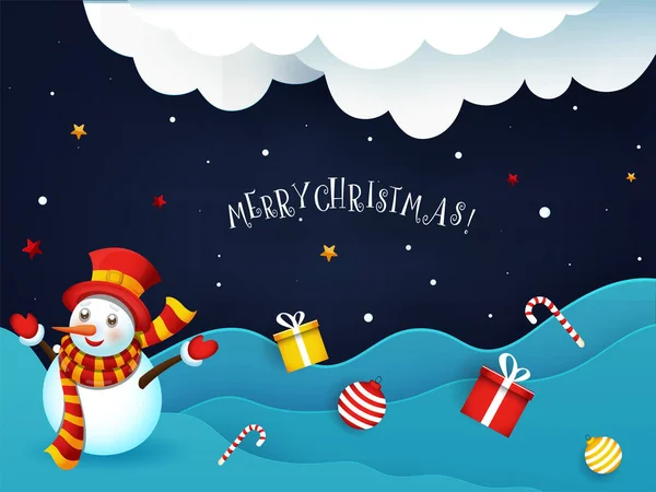 Dibujos animados lindo muñeco de nieve con cajas de regalo, bolas y palos de caramelo o — Vector de stock