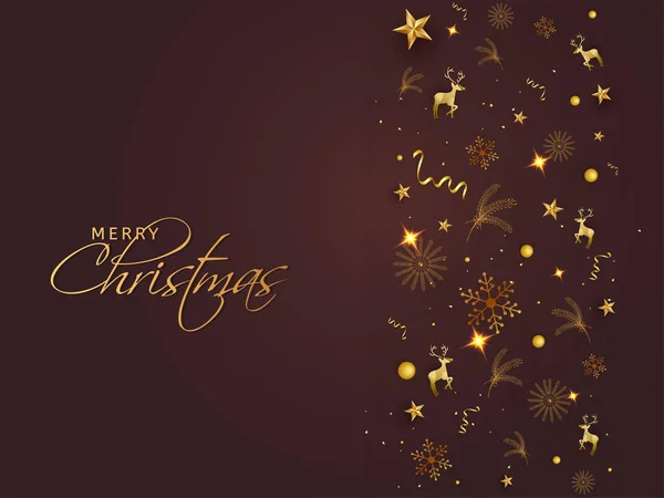 Frohe Weihnachten Grußkarte Design mit goldenen Sternen, Schneeflocke — Stockvektor