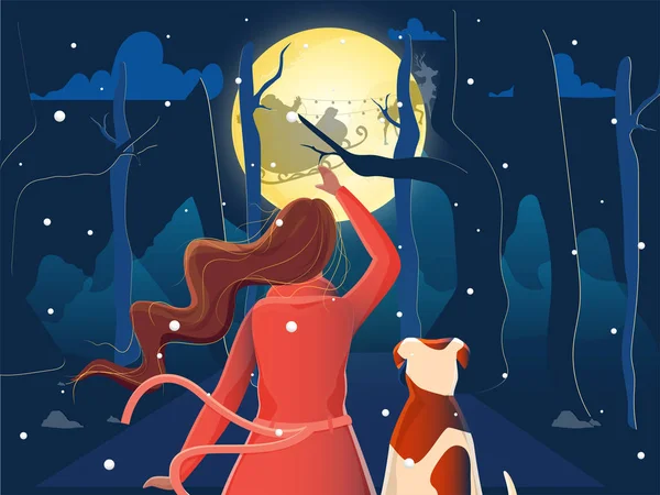 Πίσω όψη της γυναίκας και του σκύλου βλέποντας Santa Riding έλκηθρο ταράνδων — Διανυσματικό Αρχείο