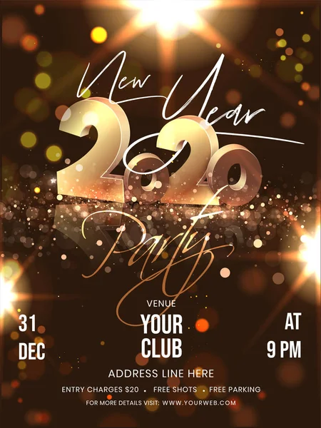 Ano Novo Party Flyer Design com 3D Golden 2020 Texto e Evento D — Vetor de Stock