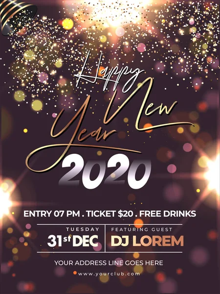 Happy New Year 2020 Celebration Flyer Design with Party Popper F — Stockový vektor