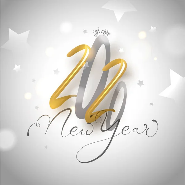 Golden and Silver 2020 Happy New Year Text on White Bokeh Stars — Stock Vector