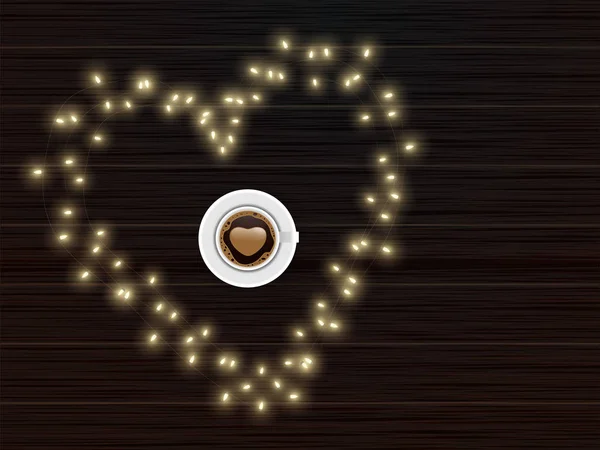 Bovenaanzicht van Latte Art Love Coffee Cup op Heart Shape Gemaakt door Lig — Stockvector