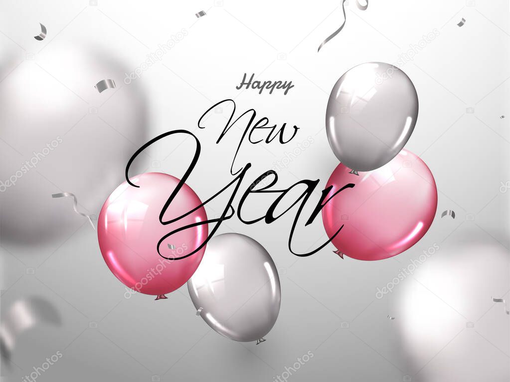 Happy New Year Font on Grey Background decorated with Silver and
