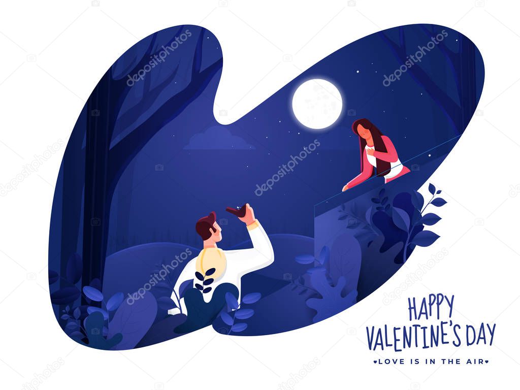 Young Man Proposing Woman on Paper Cut Nature Night Scene Backgr